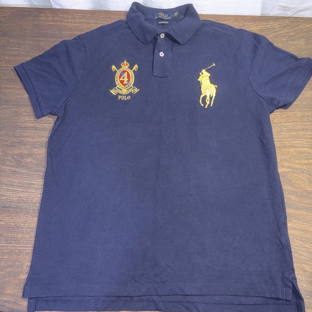 Polo Ralph Lauren Custom Slim Fit Large Navy Blue Big Pony Crest Short Sleeve